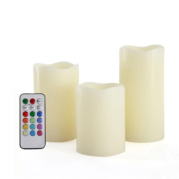 Unilution Unilution CAC70RW31456M Round Melted Edge Remote Controlled Changing Flameless Wax Pillar Candles; Multicolor - Set of 3 CAC70RW31456M - main